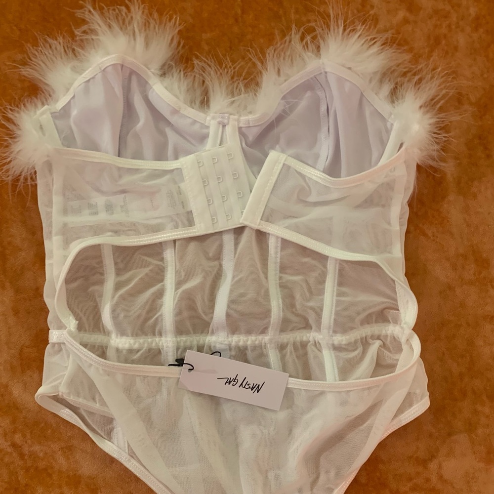 Premium Feather Trim Satin Corset Bodysuit Sz L - Picture 4 of 16